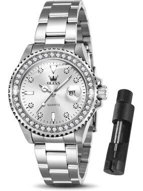 Womens Silver Stainless Steel Luxury Ladies Waterproof Small Writs Diamond Watch